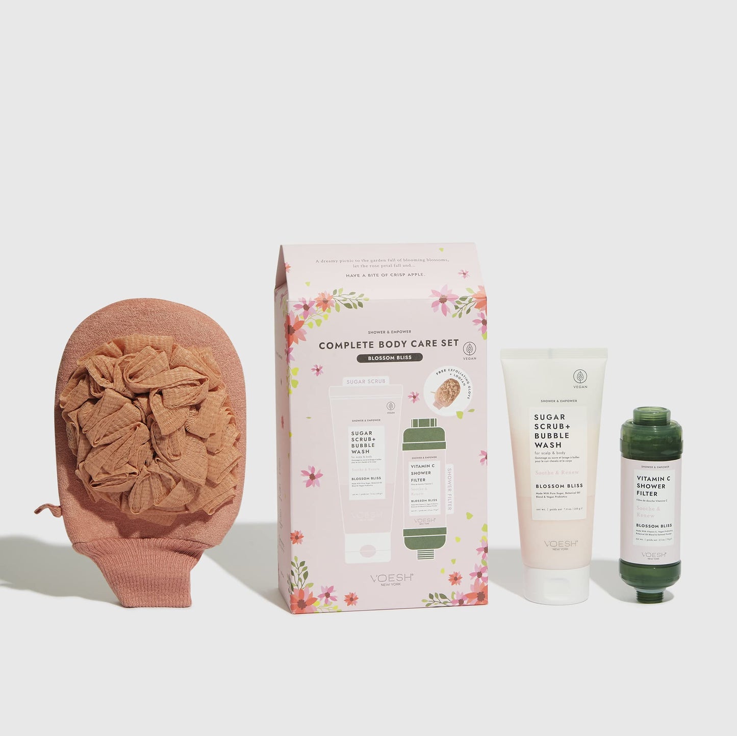 VOESH Shower & Empower Complete Body Care Set, Vitamin C Shower Filter, Exfoliating Loofah, Body Wash, Shower Care Set, Self-Care Kit, Vegan Skincare