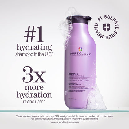 Pureology Hydrate Shampoo - For Dry or Color Treated Hair, Moisturizing Shampoo For Hydration & Softness, With Rose Extract & Green Tea, Vegan & Sulfate-Free