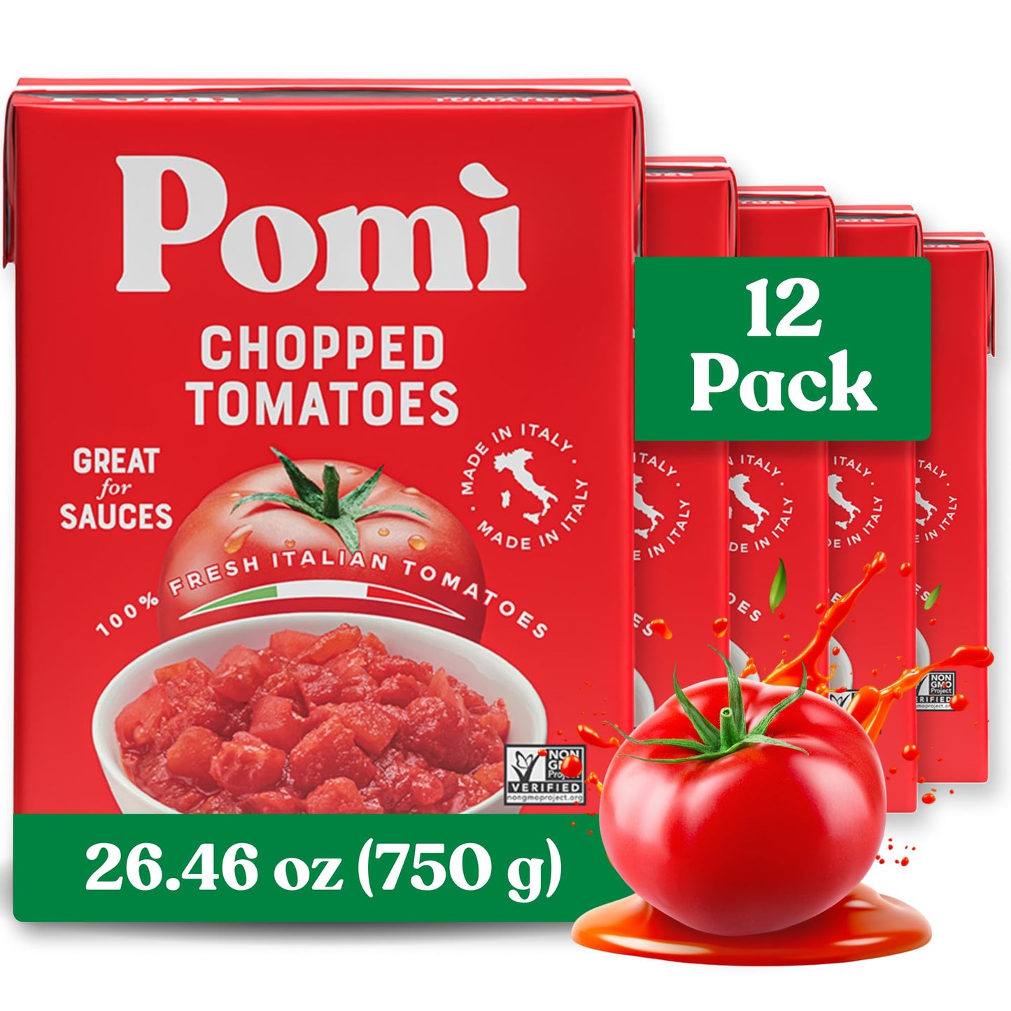 Pomì Chopped Tomatoes 26.46oz (Pack of 12) - Non-GMO, Gluten-Free, BPA-Free - 100% Fresh Italian Tomatoes for Sauces, Pasta & Pizza, Canned Tomatoes Alternative