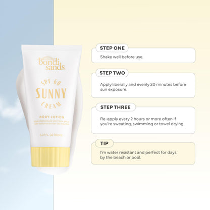 Bondi Sands Sunny Cream SPF 60 Body Lotion, Hydrating + Nourishing Broad Spectrum Sunscreen, Dermatologist-Approved, Water-Resistant, 5.07 Fl Oz