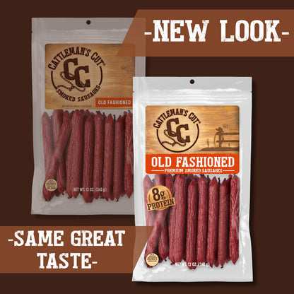 Cattleman's Cut Old Fashioned Smoke Sausage Meat Sticks, Premium Protein Snacks, Keto Friendly, Gluten Free, Carnivore Travel Snack, Resealable Bag, 12 Ounce