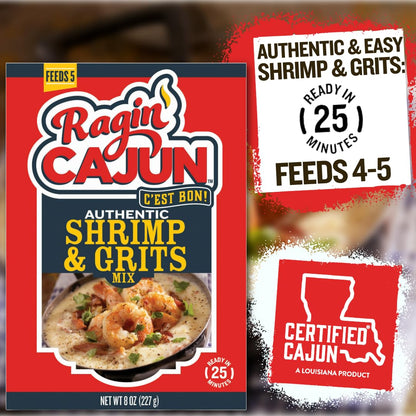 Ragin' Cajun Authentic Shrimp & Grits - 8 oz Box, Pack of 3 - No MSG - Louisiana Creole Meal, Ready in 25 Minutes