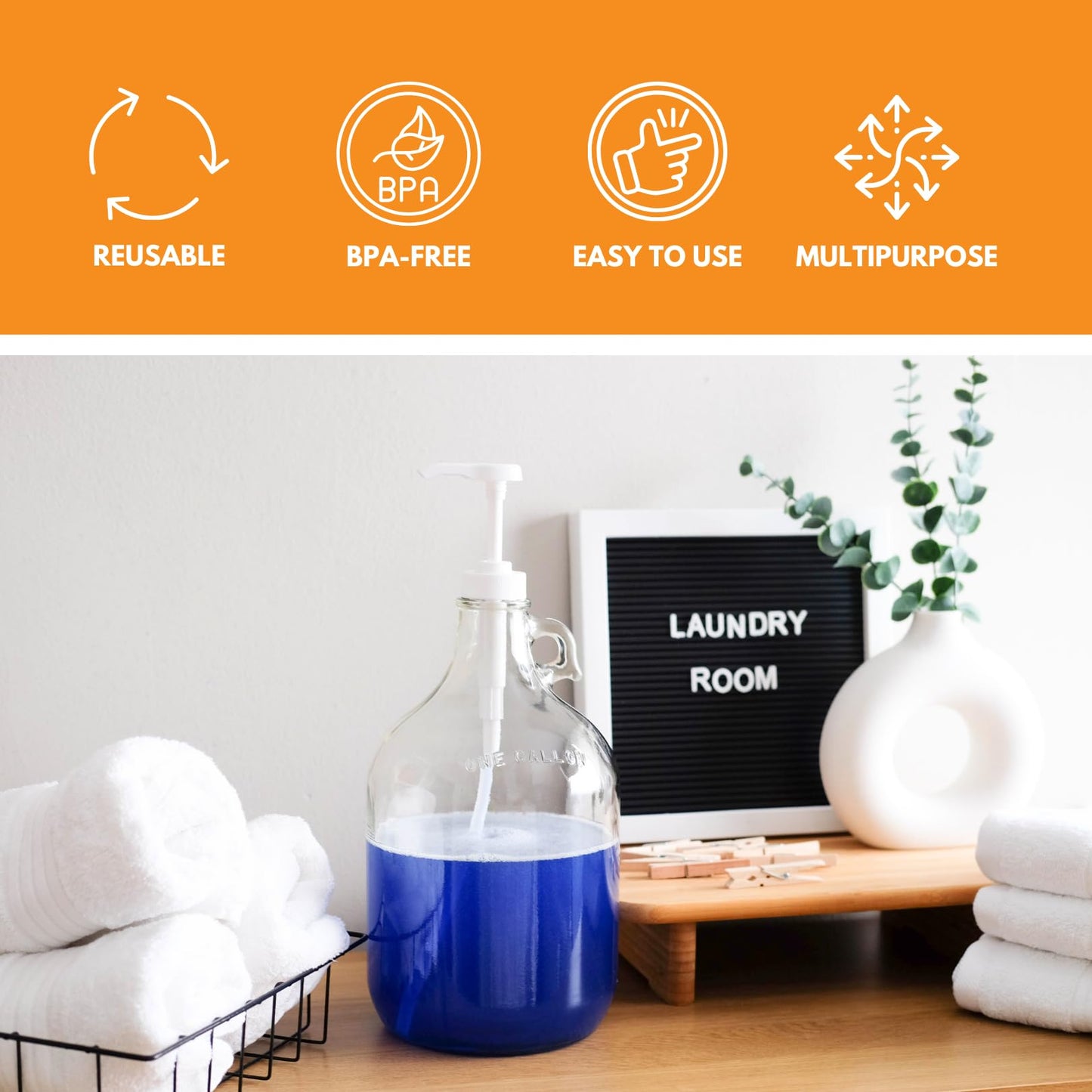Fastrack 1 Gallon Glass Jug Laundry Detergent Dispenser | Airtight Screw-Top Pump Container | Non-Slip Base | Detergent Pump Dispenser or Syrup Pump Dispenser | Eco Friendly Food Grade
