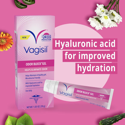 Vagisil Odor Block Gel with Hyaluronic Acid for Vaginal Health, Gynecologist Tested, Hypoallergenic, 1.05 Oz (Pack of 1)
