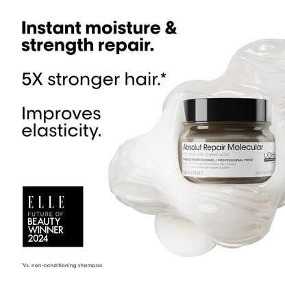 L'Oréal Professionnel Paris Absolut Repair Molecular Hair Mask - Repairs Damage & Restores Strength For Extremely Dry Damaged Hair, Extra Detangling & Hydration, Peptides Bonder