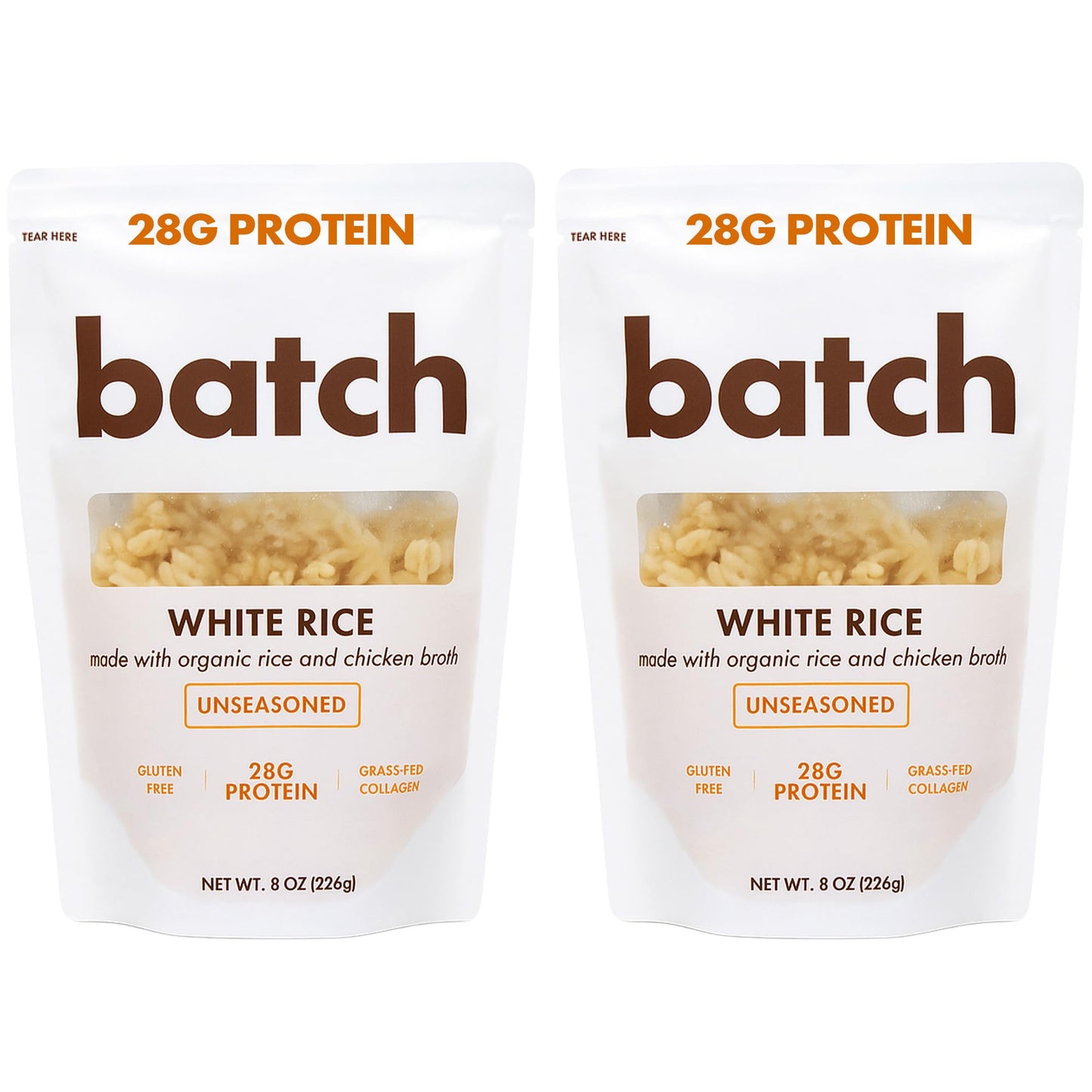 Batch – Organic Protein Rice with Collagen – 28g Protein per Bag, Ready in 90 Seconds, Microwavable Long-Grain White Rice, Grass-Fed Bovine Collagen, Gluten-Free, Made in USA – Unseasoned (2 Pack)