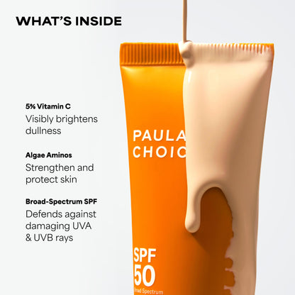 Paula's Choice 5% Vitamin C Sheer Sunscreen for Face, SPF 50 Face Sunscreen, Moisturizing, Lightweight Invisible, Prevents Dark Spots, No Cast, All Skin Types, UVA/UVB Protection, Fragrance-Free, 2oz