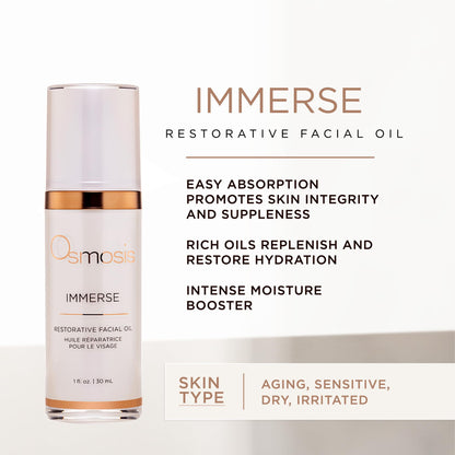 OSMOSIS IMMERSE Restorative Hydrating Facial Oil with Emu and Raspberry Seed Oil, and Calendula Flower, 1 fl oz