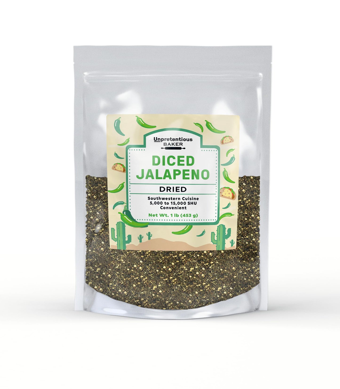 Unpretentious Dried Diced Jalapeno, 1 lb, Mild to Medium Heat, 5,000 to 15,000 SHU, Southwestern Cuisine