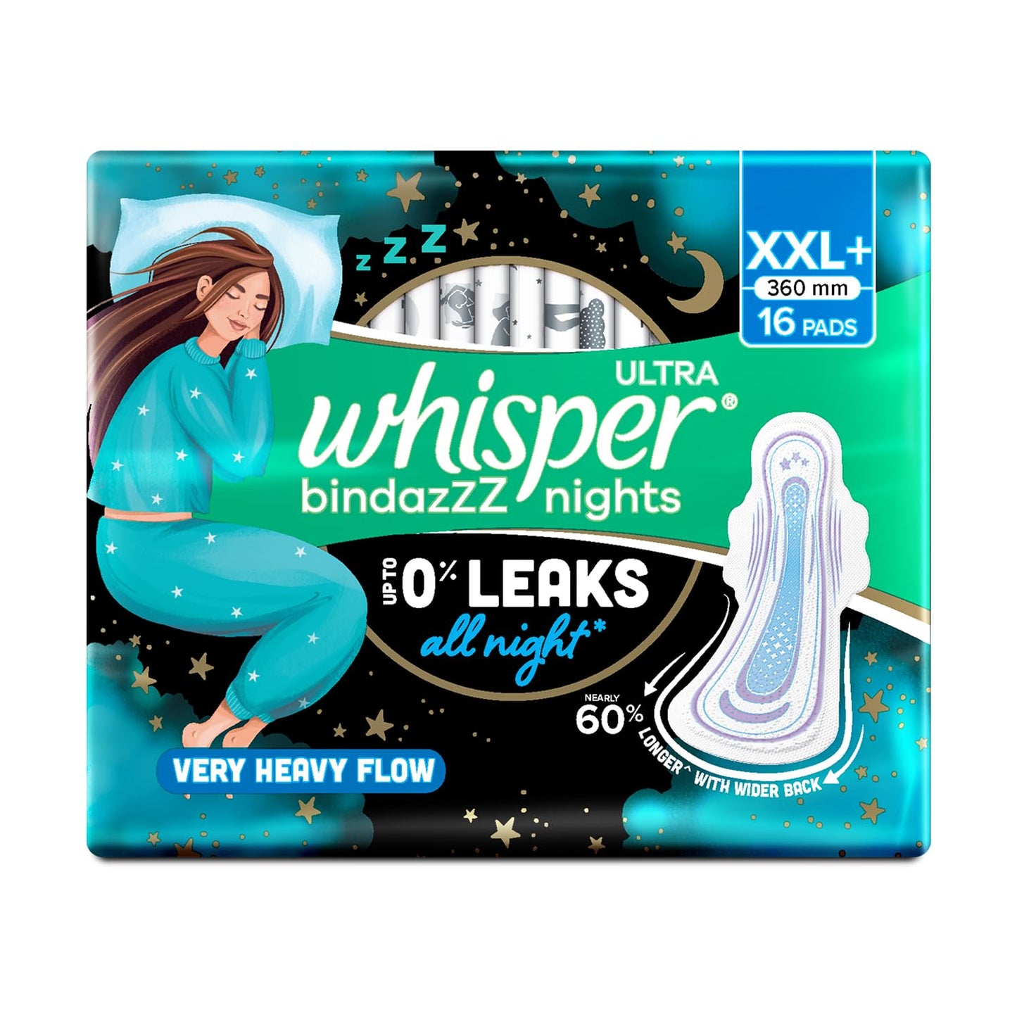 Whisper Bindazzz Night Sanitary Pads|Pack of 16 Thin Pads|XXL+|Upto 0% Leaks|60% Longer & Wider Back|Dry Top Sheet|Long Lasting Coverage|Faster Absorption|36 Cm Long|with Disposable Wrap