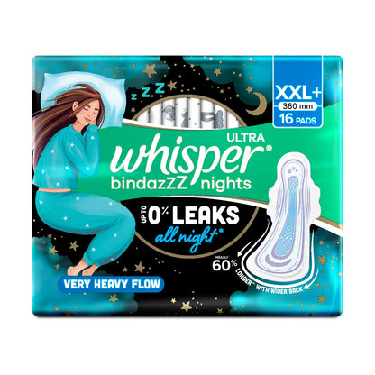 Whisper Bindazzz Night Sanitary Pads|Pack of 16 Thin Pads|XXL+|Upto 0% Leaks|60% Longer & Wider Back|Dry Top Sheet|Long Lasting Coverage|Faster Absorption|36 Cm Long|with Disposable Wrap