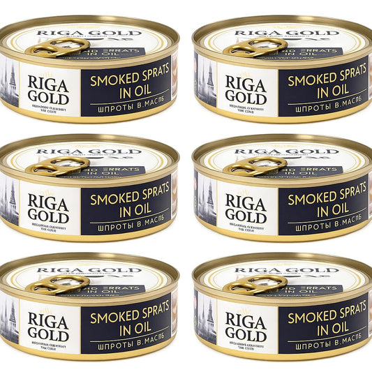 Riga Gold Sprats in Oil Smoked 160g – Canned Fish from Latvia, Wild-Caught, Rich in Omega-3, Ready to Eat, Premium Quality Seafood 6 PACK