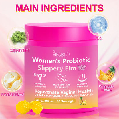Feminine Probiotics Gummies, Slippery Elm for Women, Vaginal Health Supplement for pH Balance, Odor Control, Yeast Balance, Flora Immune Support, Suagr-Free, Veagn, Pineapple Flavor, 60 Count