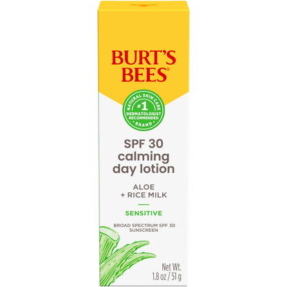 Burt's Bees SPF 30 Calming Day Face Lotion With Aloe and Rice Milk for Sensitive Skin, Sunscreen Face Lotion Soothes Redness and Irritation, 99.4 Percent Natural Origin Skin Care, 1.8 oz. Tube