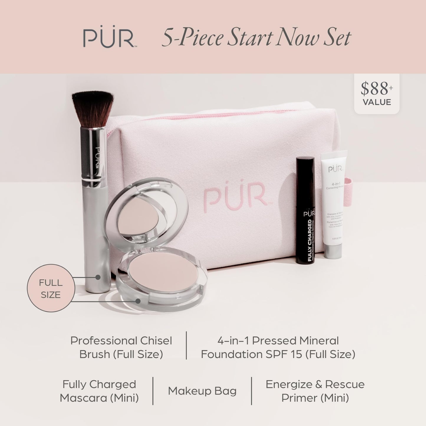 PÜR Minerals Multitasking Essentials Kit - Makeup Gift Set Includes 4-in-1 Correcting Primer, Fully Charged Mascara, 4-in-1 Pressed Mineral Powder & 1 Chisel Brush