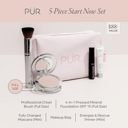 PÜR Minerals Multitasking Essentials Kit - Makeup Gift Set Includes 4-in-1 Correcting Primer, Fully Charged Mascara, 4-in-1 Pressed Mineral Powder & 1 Chisel Brush