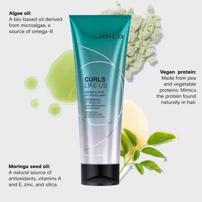 Joico Curls Like Us Define & Seal Curl Defining Gelee | For Curly Hair | Reduce Frizz | Medium Hold | Heat Protection up to 450°F | With Moringa Seed & Algae Oil | 8.5 Fl Oz