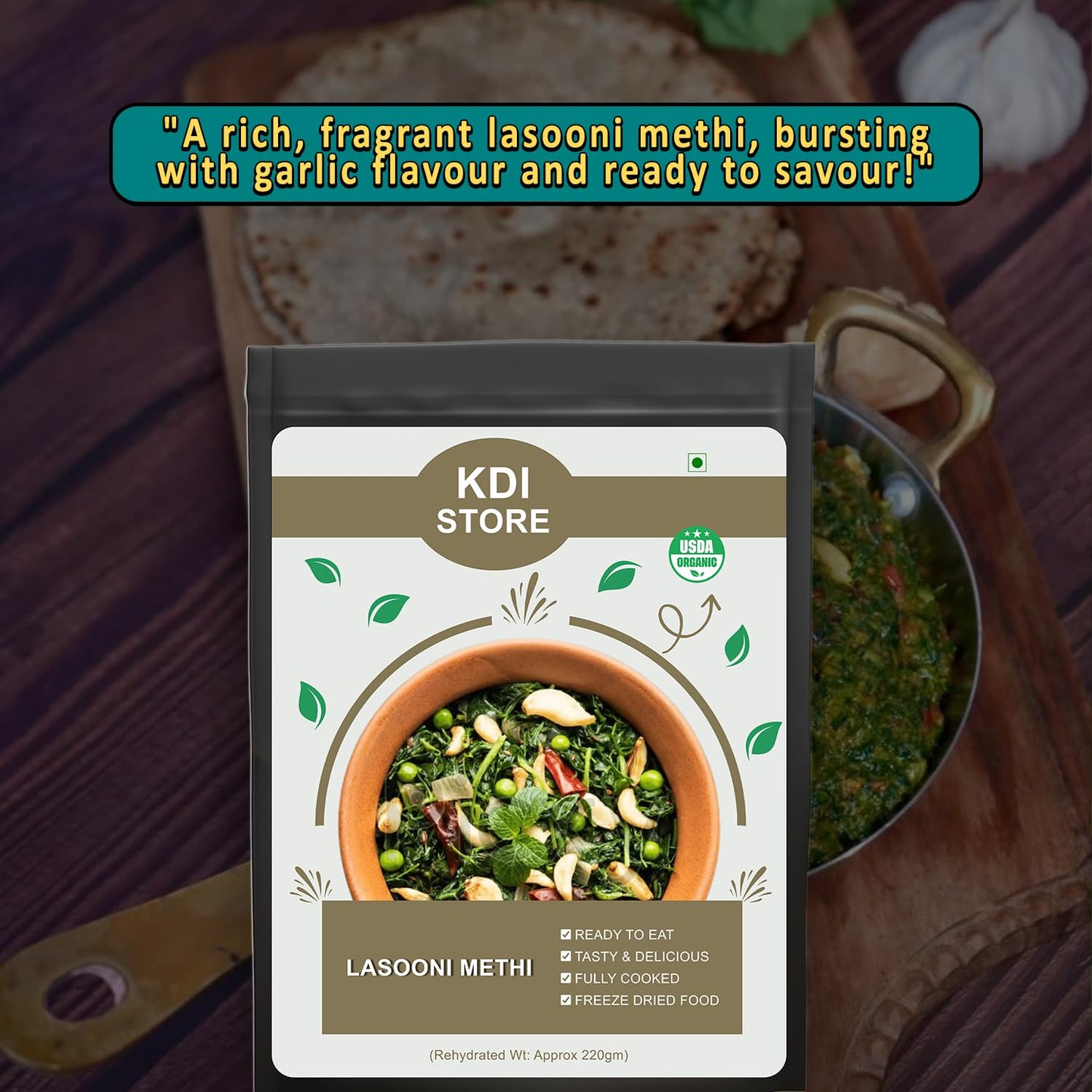 KDI Store Lasooni Methi, USDA Organic Ready-to-Eat Indian Curry, Freeze-Dried, Garlicky Spiced,50g