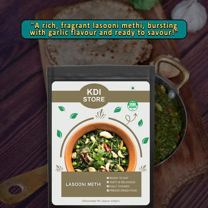 KDI Store Lasooni Methi, USDA Organic Ready-to-Eat Indian Curry, Freeze-Dried, Garlicky Spiced,50g