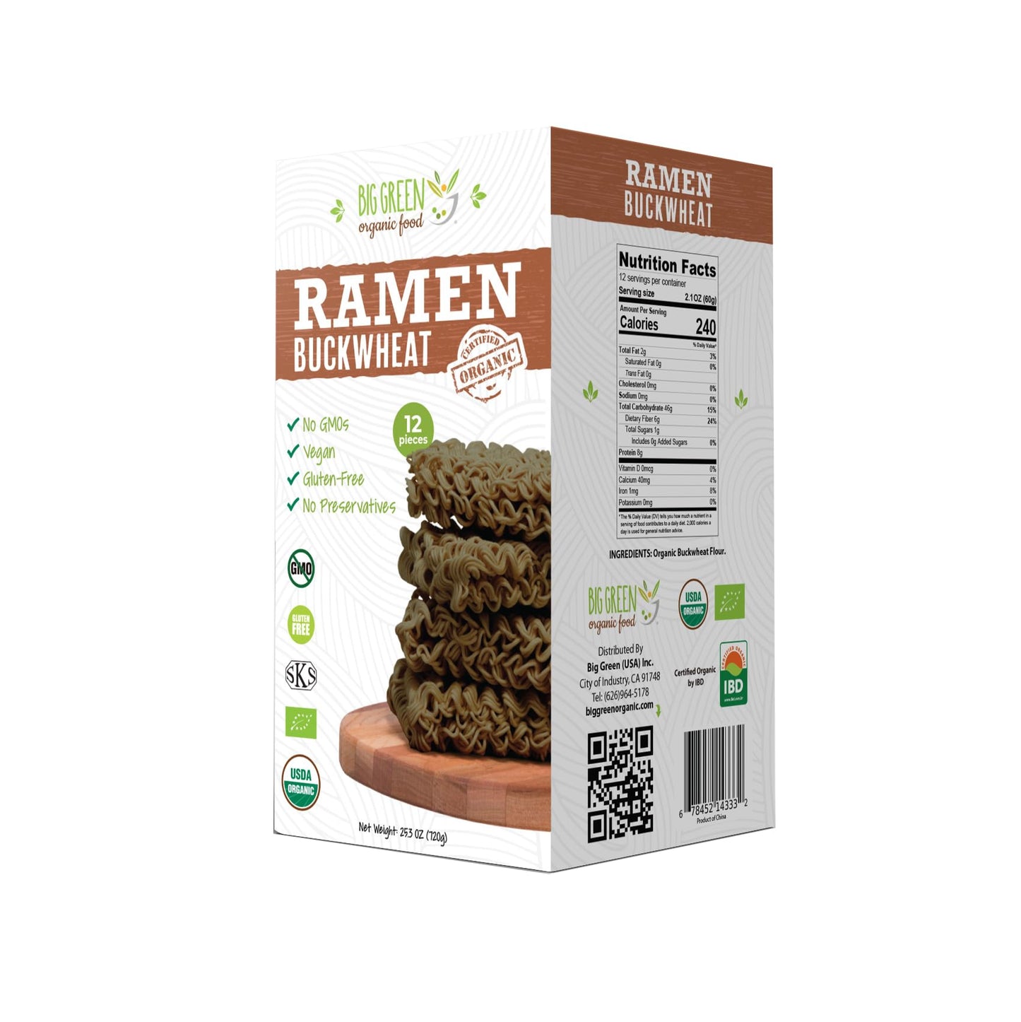 Big Green Organic Food- Organic Buckwheat Ramen, 25.3oz, 100% buckwheat, Gluten-Free, Non-GMO, Vegan, 12 Servings
