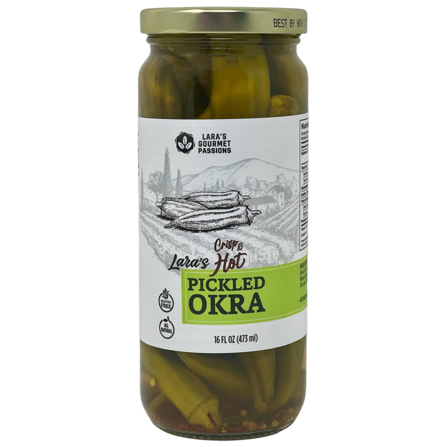 Lara's Crisp and Hot Pickled Okra – (Pack of 1, 16 fl oz) – Zesty Southern Style Spicy Okra, Ideal for Charcuterie Boards, Gourmet Snacks, and Cocktails – Gluten-Free, All-Natural, Vegan-Friendly