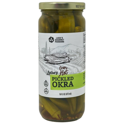 Lara's Crisp and Hot Pickled Okra – (Pack of 1, 16 fl oz) – Zesty Southern Style Spicy Okra, Ideal for Charcuterie Boards, Gourmet Snacks, and Cocktails – Gluten-Free, All-Natural, Vegan-Friendly