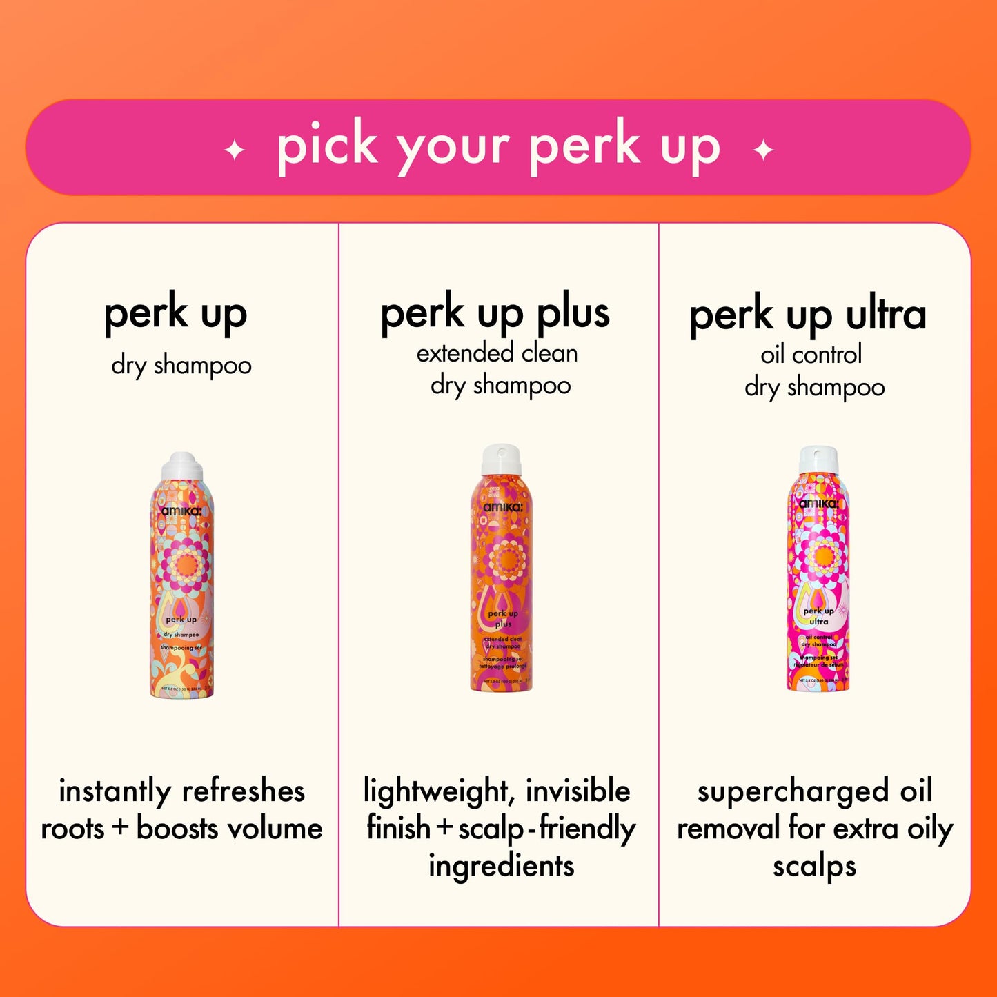 amika perk up plus extended clean dry shampoo | lightweight + buildable, extend time even further between wash days, invisible finish + no white residue, for all hair types