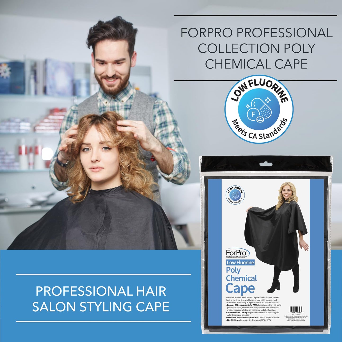 ForPro Low Fluorine Poly Chemical Cape, Professional Hair Salon Styling Cape with Adjustable Snap Closure, 58” L x 47” W, Black