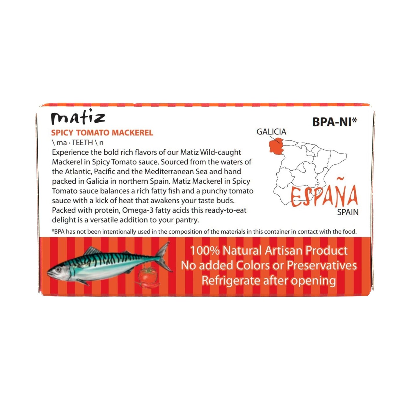 Matiz Spicy Tomato Mackerel | 3 oz | in a Spicy Tomato Sauce | Spain | Natural | Artisan | Wild Caught | Gourmet | Ready-to-Eat | (1 Pack)