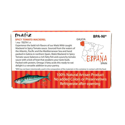 Matiz Spicy Tomato Mackerel | 3 oz | in a Spicy Tomato Sauce | Spain | Natural | Artisan | Wild Caught | Gourmet | Ready-to-Eat | (1 Pack)