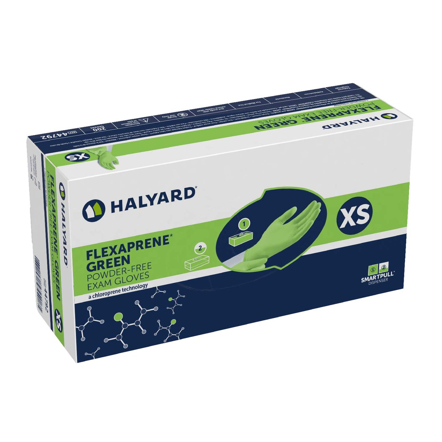 HALYARD FLEXAPRENE Green Exam Gloves, Chloroprene Technology, Non-Sterile, Powder-Free, 3.5 mil, 9.5 Inches, Green, X-Small, 44792 (Box of 200)