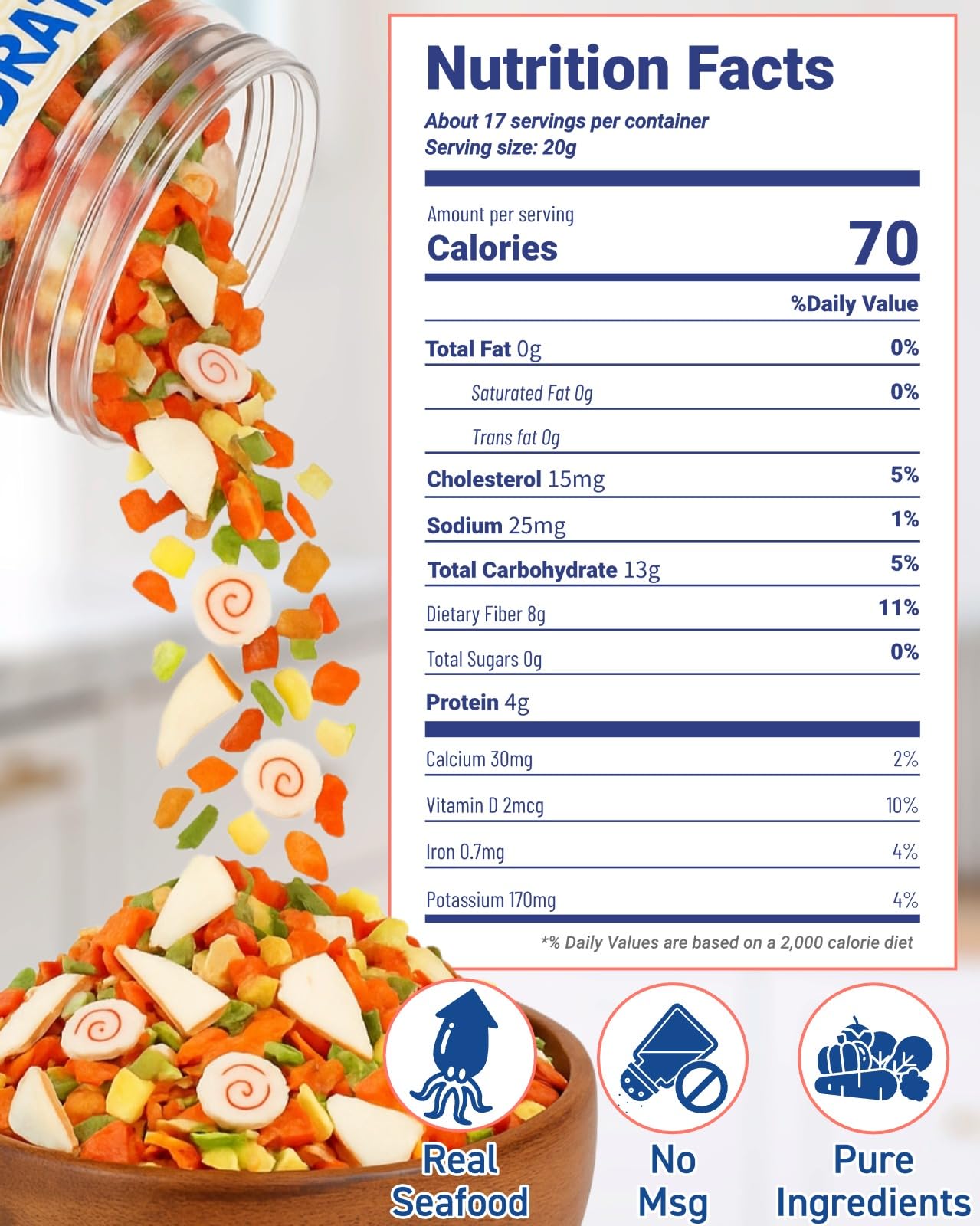 Dried Ramen Toppings 11 Mix Seafood & Veggies - Real Squid, Shrimp, Fish Cake & Goji Berry, Low Fat, No Added MSG, 12.35 oz Resealable Jar for Instant Ramen, Soups, Rice