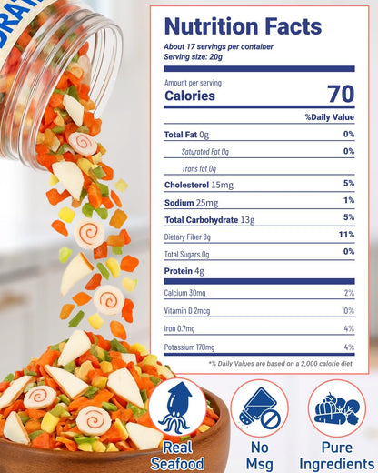 Dried Ramen Toppings 11 Mix Seafood & Veggies - Real Squid, Shrimp, Fish Cake & Goji Berry, Low Fat, No Added MSG, 12.35 oz Resealable Jar for Instant Ramen, Soups, Rice