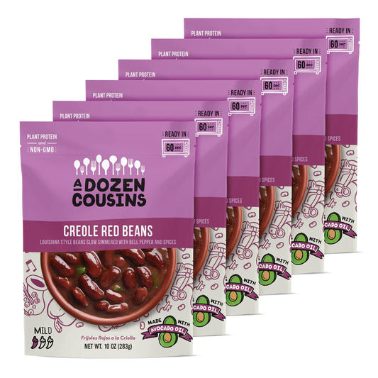 A Dozen Cousins Vegan Creole Red Beans 6pk, Seasoned Healthy Microwave Kidney Beans in Avocado Oil, Ready to Eat Prepared Food, Easy Plant Protein with Fiber, Gluten Free Quick Meal, Clean Ingredients