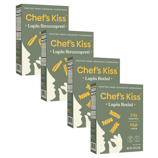 Chef’s Kiss Protein Mixed Case | 24g Protein, High Fiber | Gluten Free, Plant-Based, Lower Carb Pasta Made from Lupins | No Fillers No Gums | Nutrient Dense, High Protein | Non GMO | 4-pack (8oz)