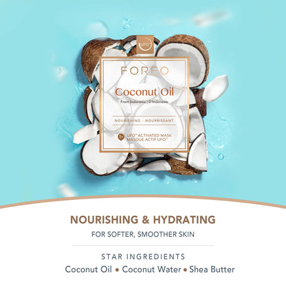 FOREO Coconut Oil Dual UFO Activated Facial Mask for Dehydrated Skin, 6 pack, Nourishing & Hydrating, Coconut Oil & Coconut Water, Cruelty-Free, Clean Formula, Compatible with all UFO devices