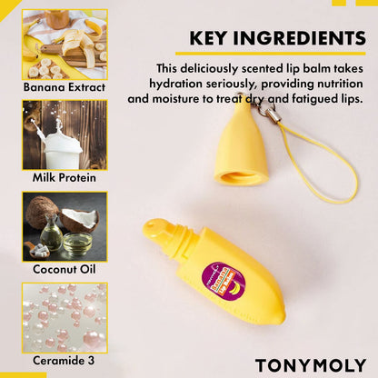 TONYMOLY Magic Food Banana Mini Lip Balm, Hydrating & Moisturizing Korean Lip Care with Shea Butter & Vitamin E, Travel Size, Fruit-Infused Lip Treatment