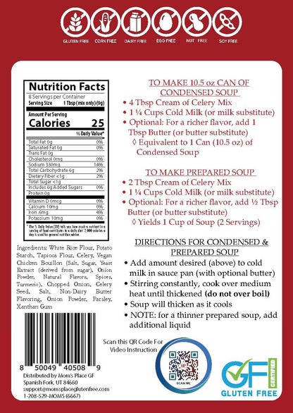 Mom's Place Gluten-Free & Dairy Free Cream of Celery Soup Mix, Equal to 2 Cans of Condensed Soup, Vegan, Nut Free & Soy Free, 2.4 oz