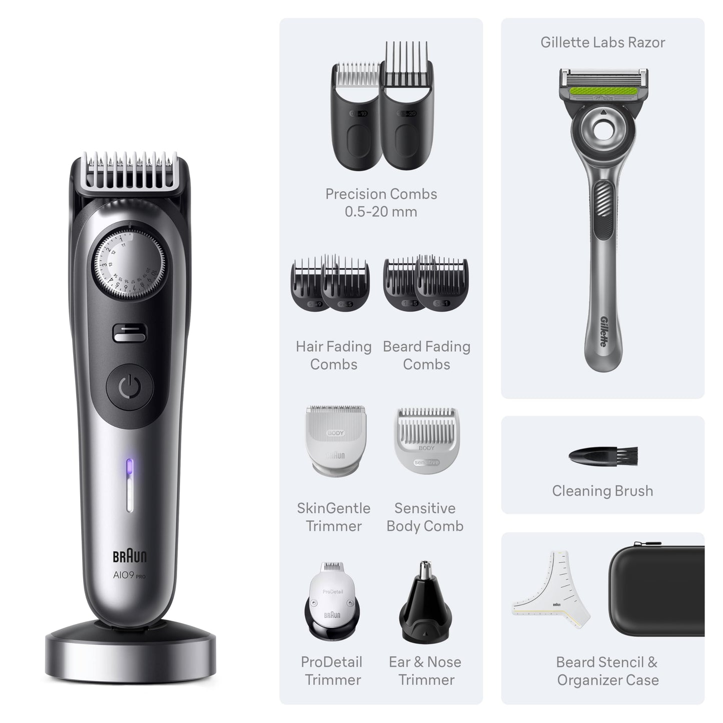 Braun Series 9 PRO All-in-One Beard & Body Grooming Kit for Men, Cordless Trimmer, Hair Clippers & Shaver for Face, Hair & Body with Gillette Labs Razor, AIO 9570