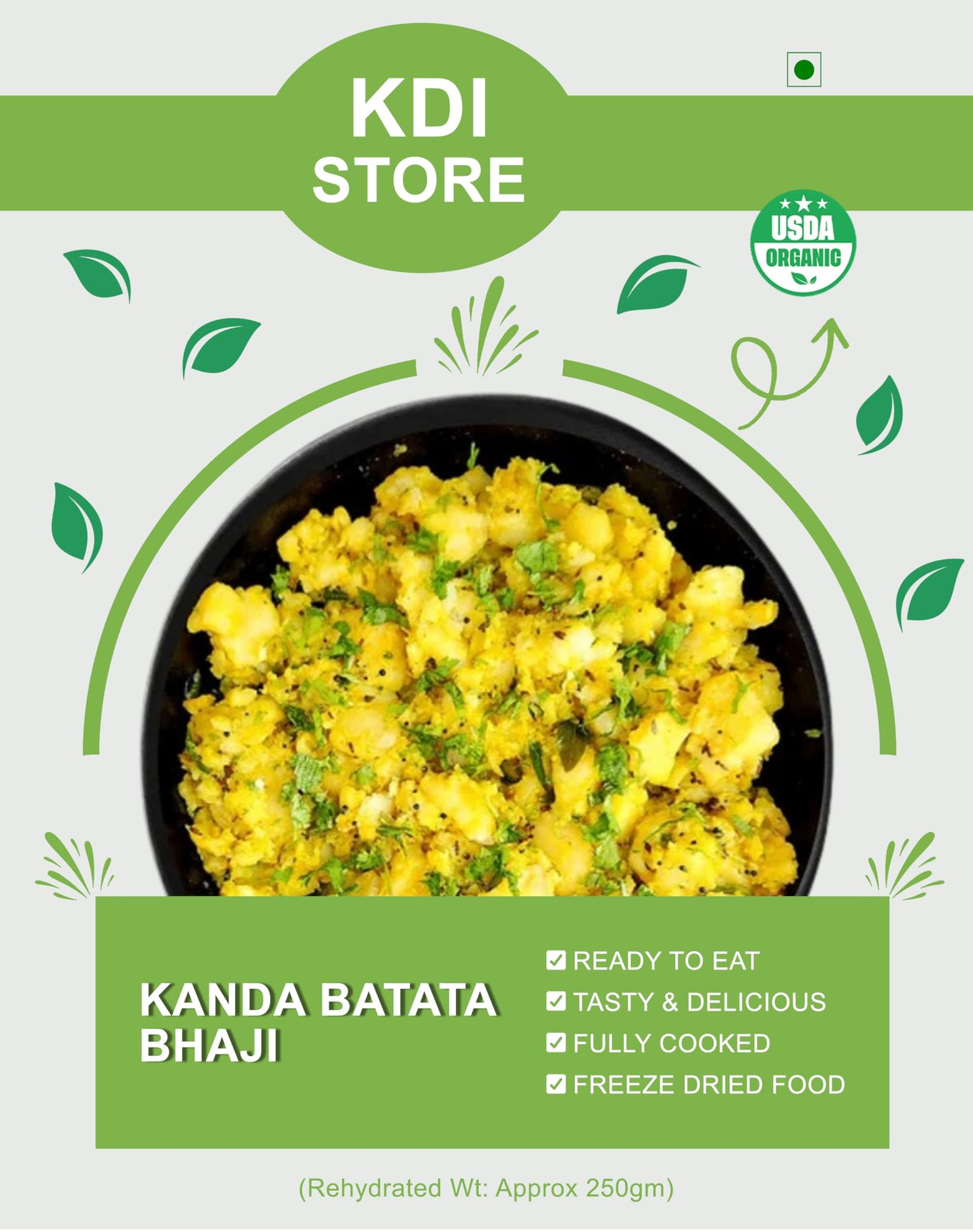 KDI Store Kanda Batata Bhaji, Ready to Eat Indian Spiced Potato Stir Fry, Freeze Dried Food, USDA Organic, 55g