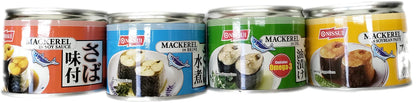 Nissui Canned Mackerel Sampler Pack | Ajitsuke (Soy Sauce), Misoni (Soybean Paste), Mizuni (Brine), Aburazuke (Oil) | 6.7 Oz Each
