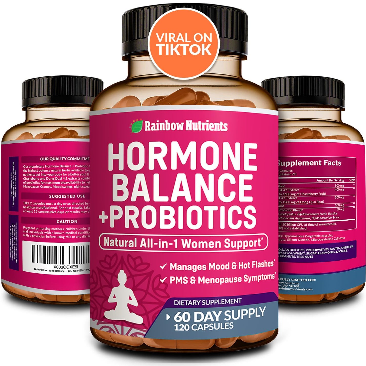 Hormone Balance + Probiotics for Women- Natural Menopause Relief, Weight Management, Bloating, Hot Flashes, PMS | Organic Maca, Chasteberry, Dong Quai & Black Cohosh | Non GMO |120 V Capsules