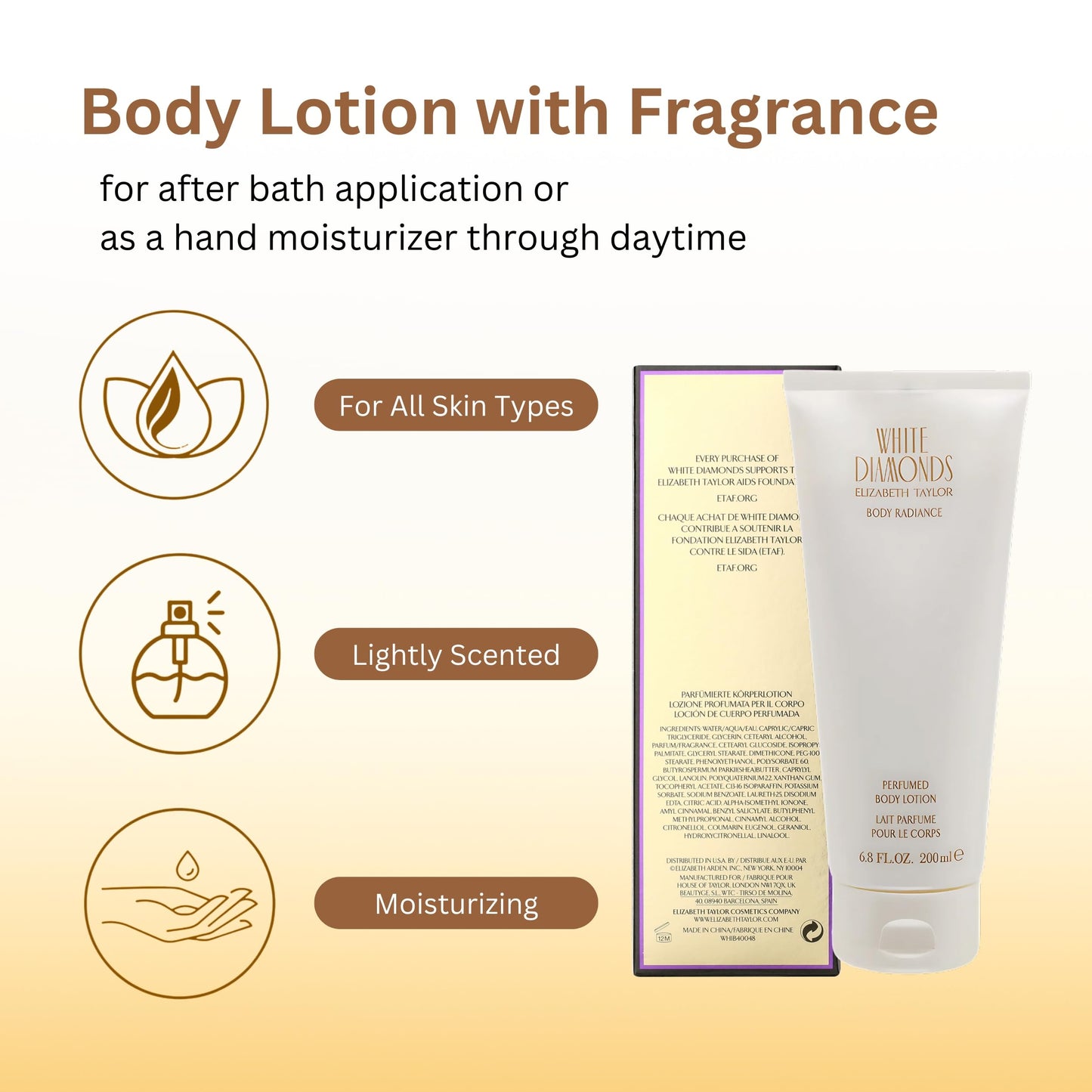 Elizabeth Taylor White Diamonds Perfumed Body Lotion for Women, 6.8-Ounce