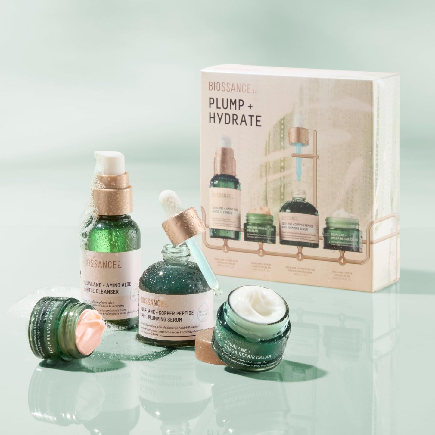 Biossance Plump and Hydrate Skincare Set - Amino Aloe Gentle Foaming Cleanser, Marine Algae Eye Cream, Copper Peptide Rapid Plumping Serum & Omega Moisturizer For Face Lock In Hydration For Your Skin