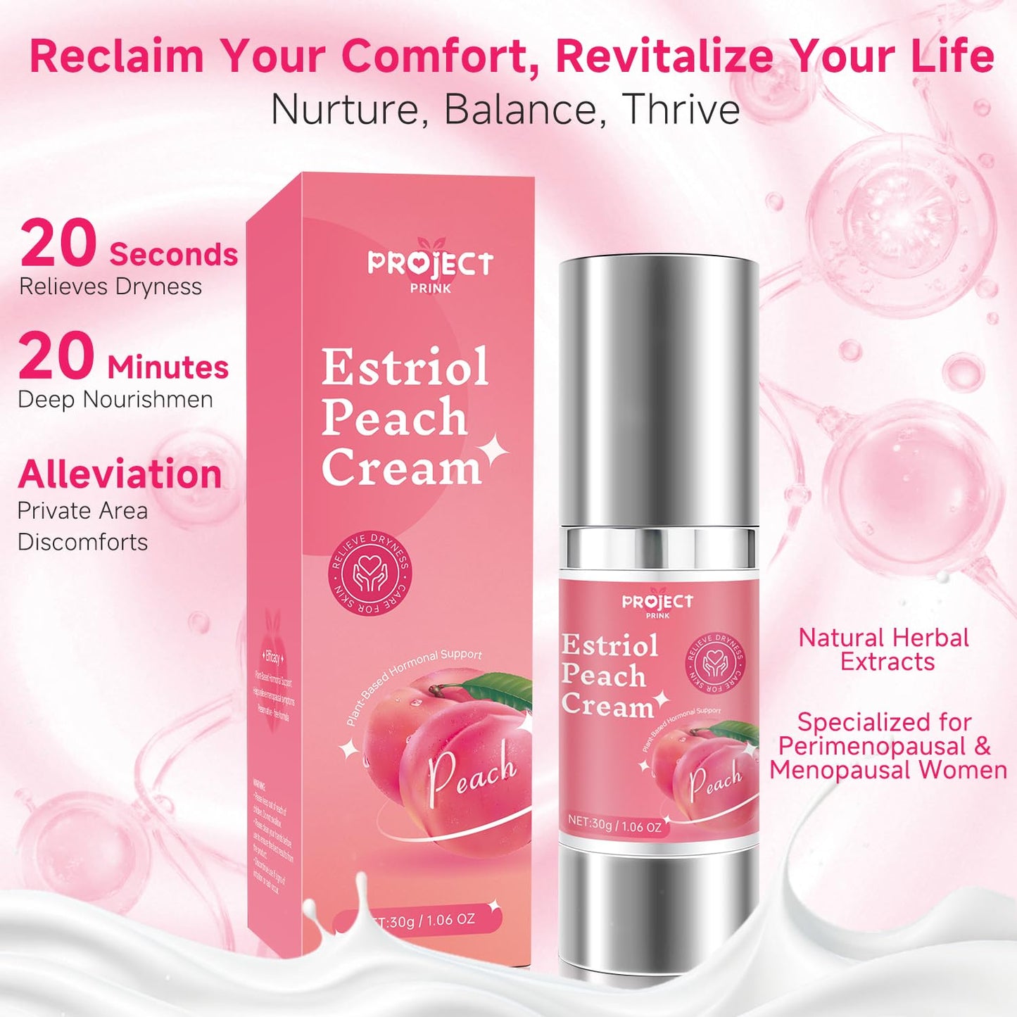 Silky Peach Cream for Women, Vaginal Estrogen Cream for Women Hormone Balance, Relief Menopause Vaginal Dryness & Vaginal Itching (1 fl.oz)