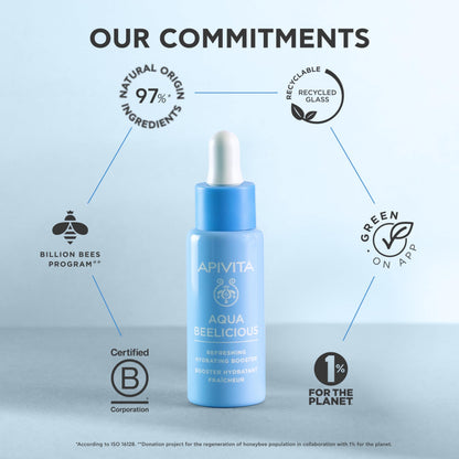 APIVITA Aqua Beelicious Hydrating Booster Serum | Hydrating, Soothing & Replenishing with Propolis, Honey, Hyaluronic Acid, Prebiotics & Flowers, 30 mL / 1 oz
