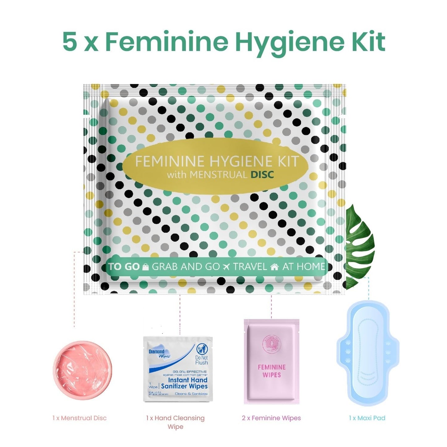 Menstrual Disc Kit with Pad - 5 Pack | Convenience on The Go | Period Kit Pack for Travelling Out of The House | Covers All Flows | Individually Wrapped Feminine Hygiene Care Products