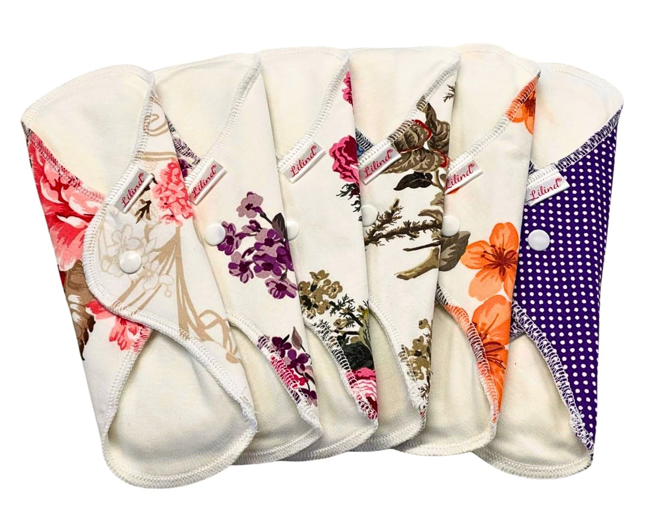 Lilind® 6 Pack Everyday 9" Regular Organic Cloth Pads on Random Color, Reusable Menstrual Sanitary Napkins, 100% Cotton