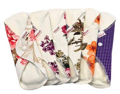 Lilind® 6 Pack Everyday 9" Regular Organic Cloth Pads on Random Color, Reusable Menstrual Sanitary Napkins, 100% Cotton