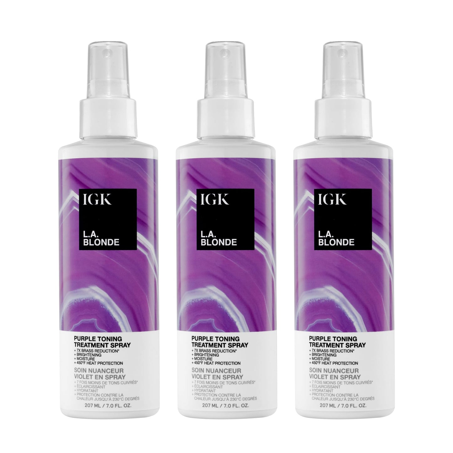 IGK L.A. Blonde Purple Toning Treatment Spray 3 pack – Leave-In Violet Spray That Neutralizes Brass, Brightens Blonde, Hydrates & Provides 450°F Heat Protection – Vegan & Color-Safe